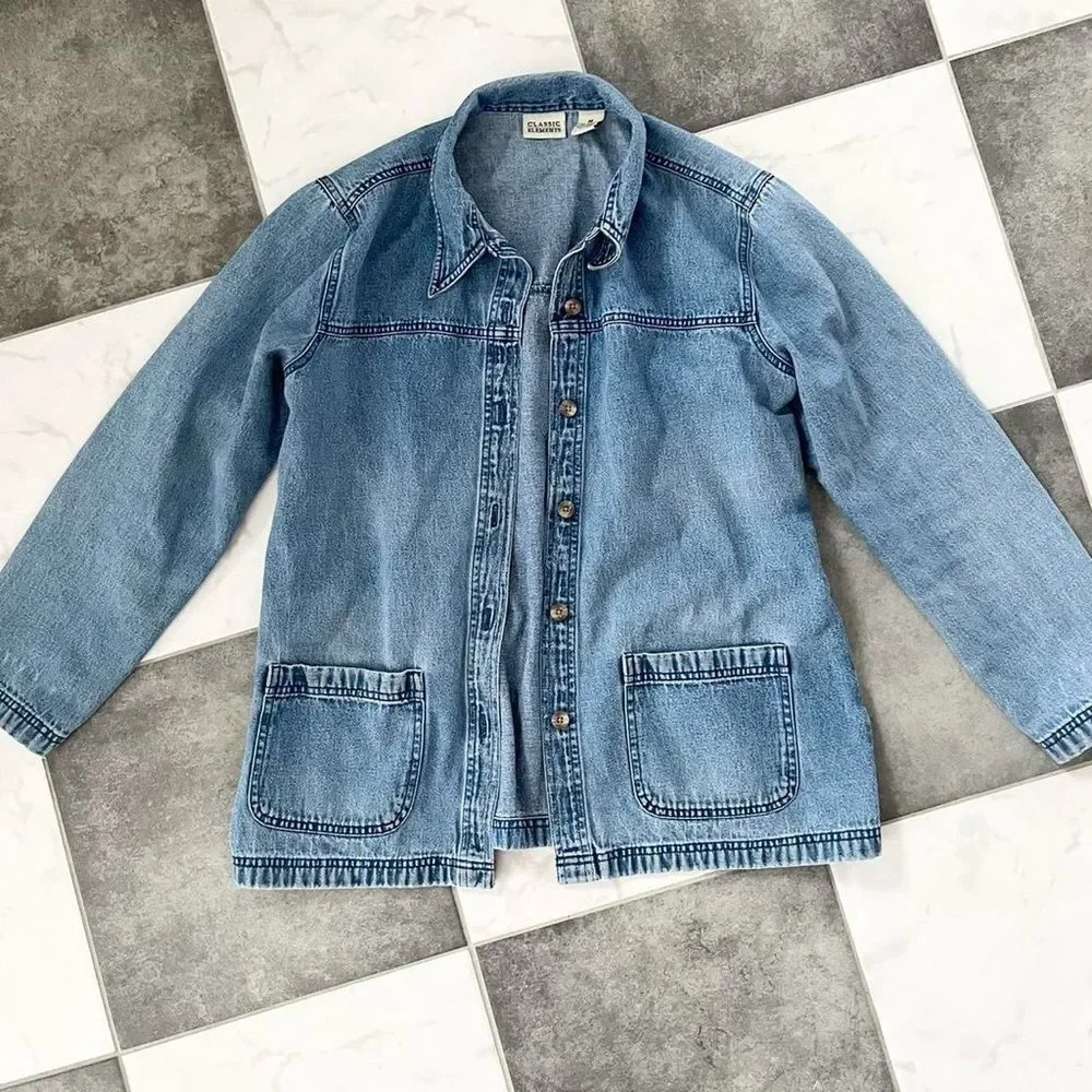 Perfectly Faded 90s Vintage Blue Denim Barn Chore Coat Jacket Small Medium Women - Picture 5 of 5
